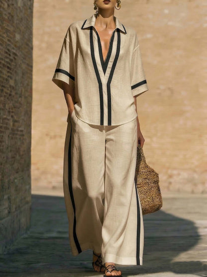 Ensemble deux‑pièces à blocs de couleurs tendance : chemise décontractée à manches courtes et pantalon à jambes larges