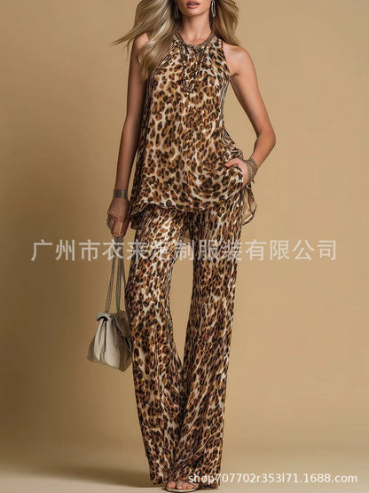 Leopard Print Rhinestone Halter Tank & High Waist Wide Leg Pants 2 Piece Matching Set