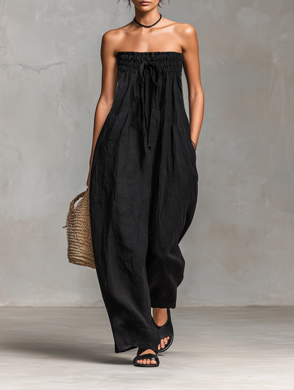 Combinaison sans bretelles pour femme, minimaliste, ample, en mélange de lin, avec fermeture à nouer