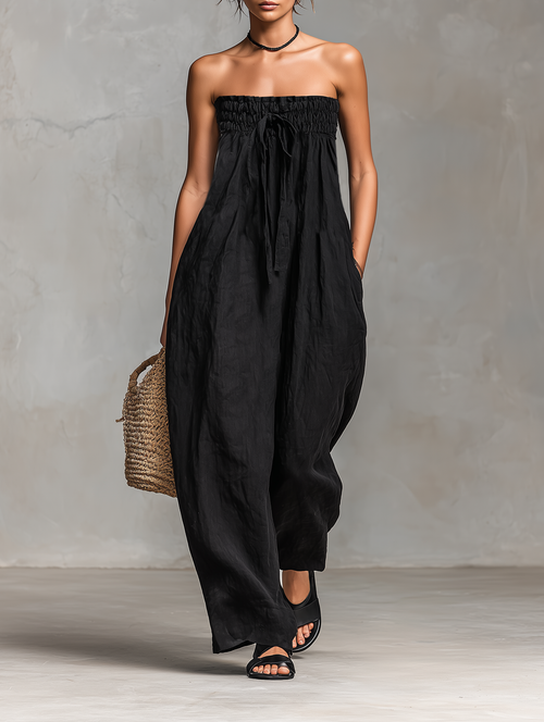 Combinaison sans bretelles pour femme, minimaliste, ample, en mélange de lin, avec fermeture à nouer