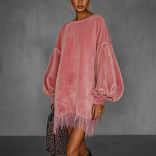 Robe femme rose rétro en velours, col montant, avec franges
