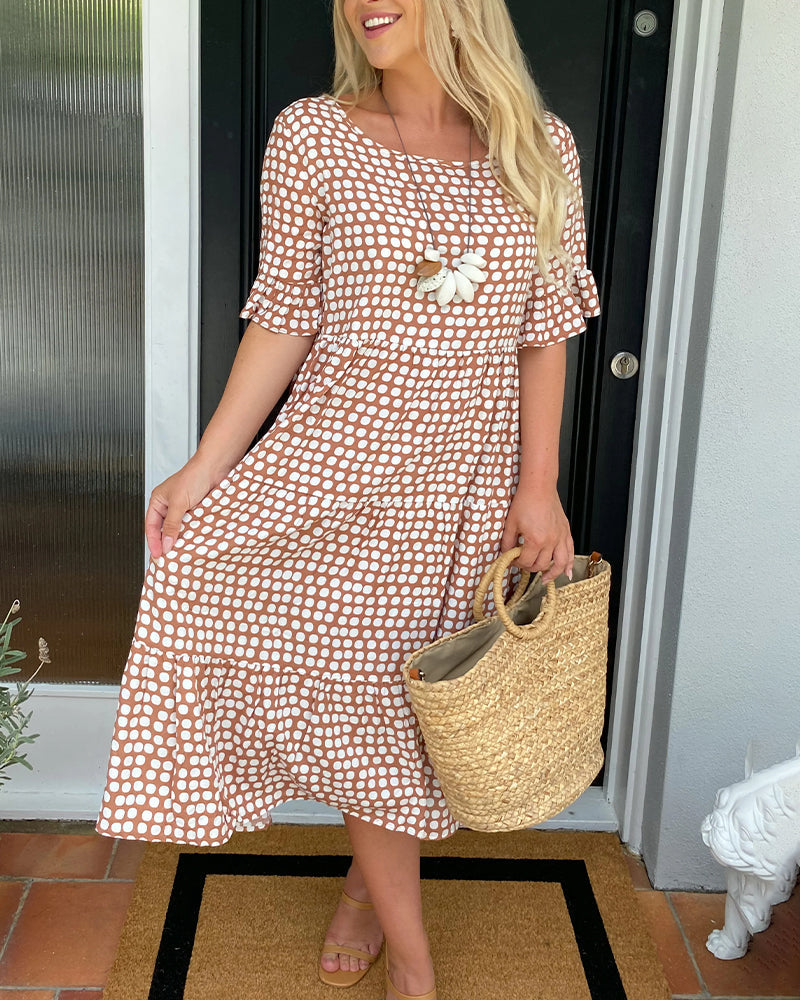 Robe midi à col rond à imprimé à pois