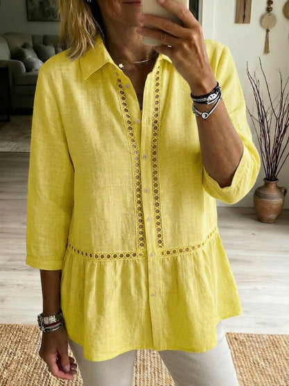 Chemise décontractée en lin et coton à patchwork, ajourée et à bande tissée