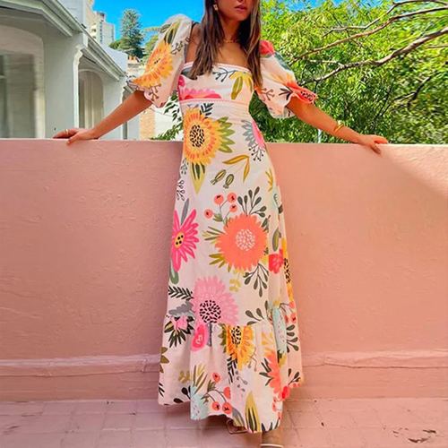 À la recherche de la robe maxi à imprimé floral Sunshine, à col carré et à manches bouffantes