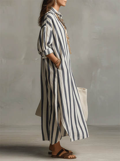 Robe rayée en lin‑coton décontractée et confortable