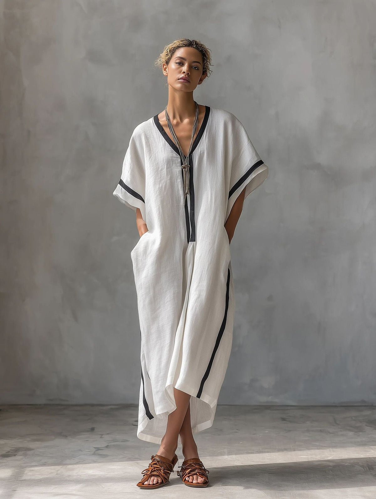 Robe caftan à col V en mélange de lin