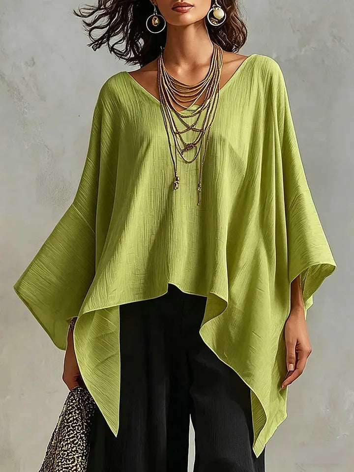 Women's V-neck 3/4-sleeve Casual Loose Cotton-linen Top