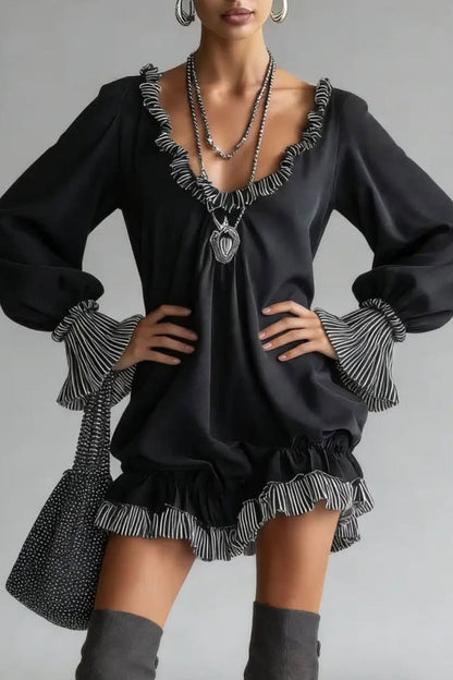 Robe mini décontractée à manches longues, ample et patchwork tendance, à volants et patchwork.