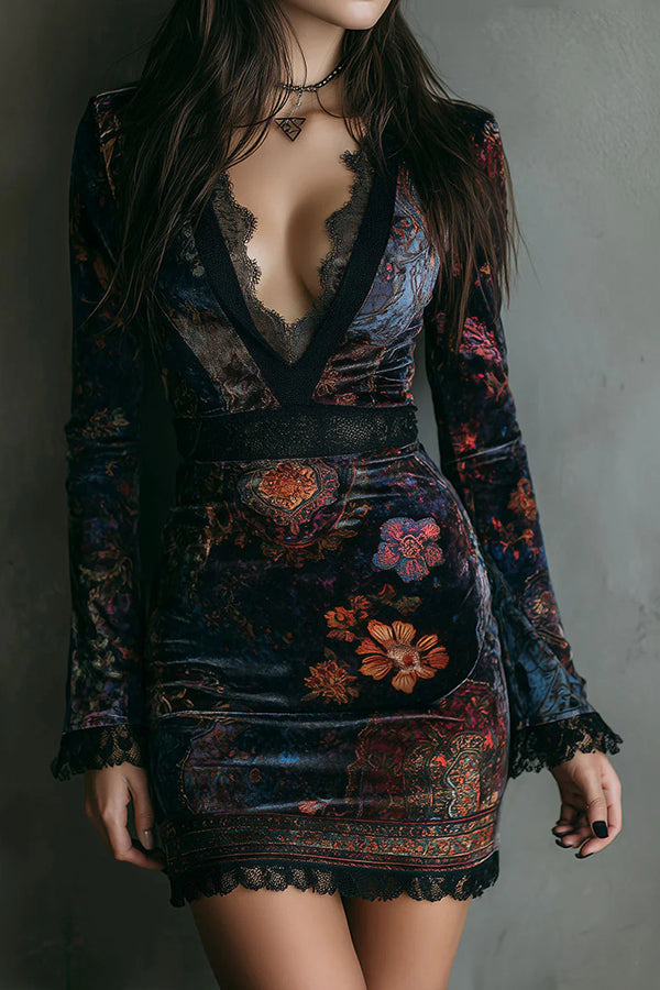Robe mini élégante en velours imprimé floral, col en V, manches longues, coupe ajustée