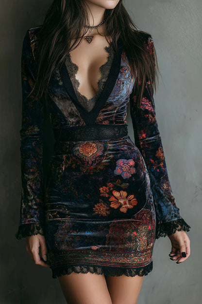 Robe mini élégante en velours imprimé floral, col en V, manches longues, coupe ajustée