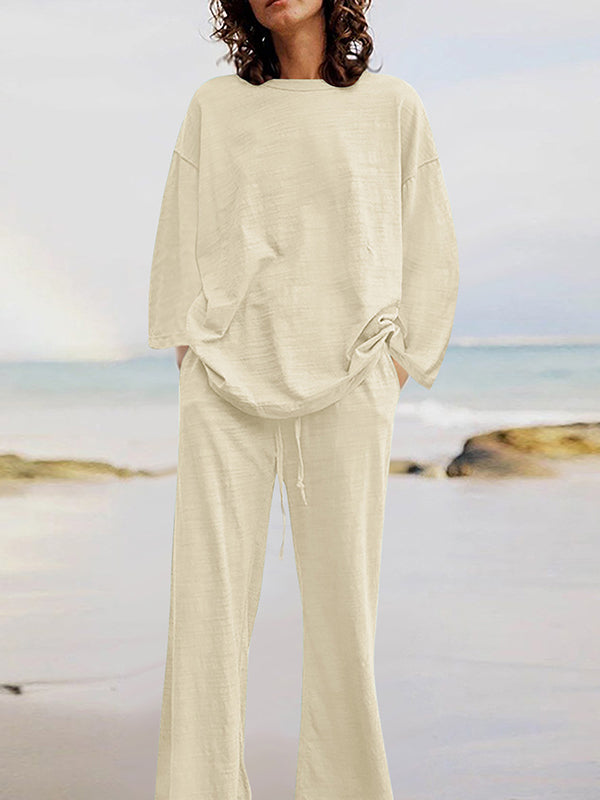 Ensemble deux pièces : haut chemise à manches longues ample col rond couleur unie + pantalon à cordon taille
