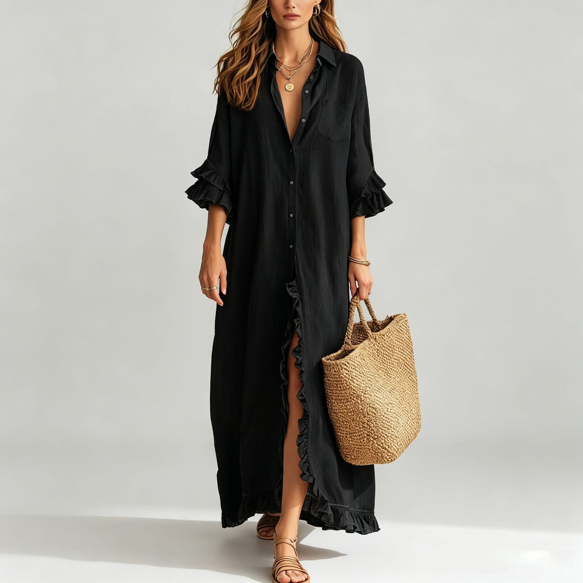 Linen Ruffle Trim 3/4 Sleeve Shirt Maxi Dress