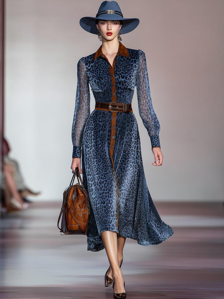 Robe midi bleue à manches longues à motif léopard