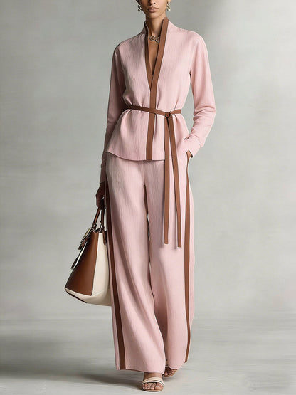Ensemble décontracté en coton et lin pour femme : haut ample à col montant et manches longues, pantalon large ample à taille haute