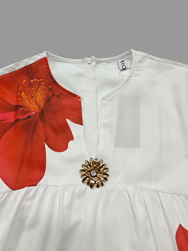 Robe midi à col V plissée à imprimé