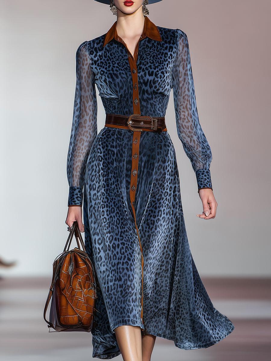 Robe midi bleue à manches longues à motif léopard