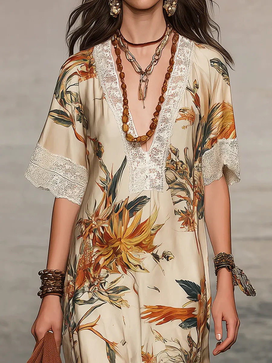 Robe décontractée et élégante à manches courtes à motif floral rétro pour femme