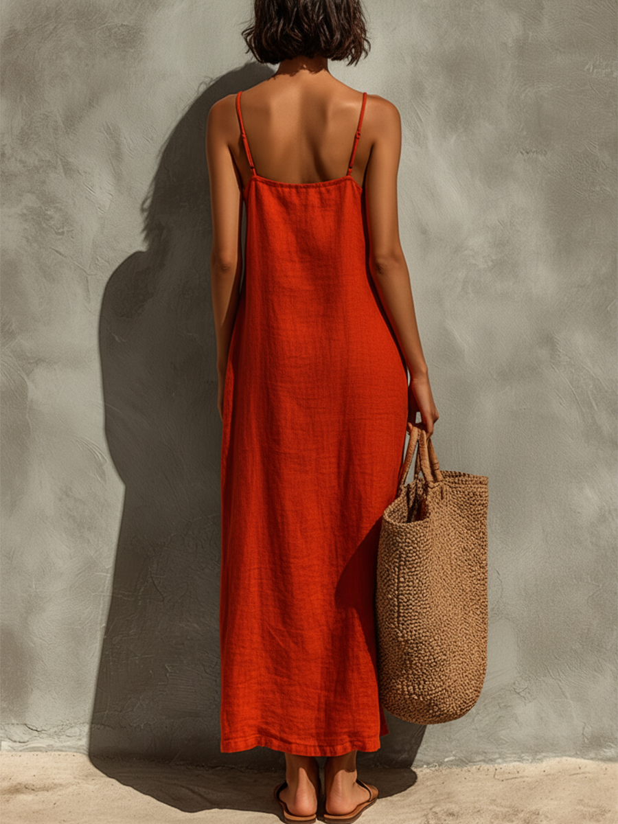 Robe Femme Rouge en Coton à Bretelles Fines et Encolure Carrée, Style Bohème Chic Intemporel