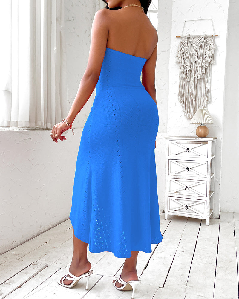 Robe de vacances sans manches à fronces, taille cintrée, style bandeau drapé, broderie œillets, fente et ourlet asymétrique