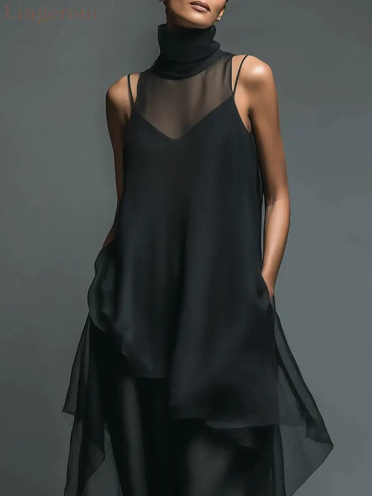 Black Minimalist Faux Acetate Fiber Slip Dress Paired With A Chiffon Cover-up Long Dress Two-piece Set