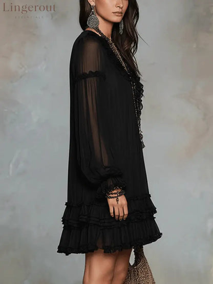 Black V-neck Lantern Sleeve Ruffled Chiffon Mini Dress