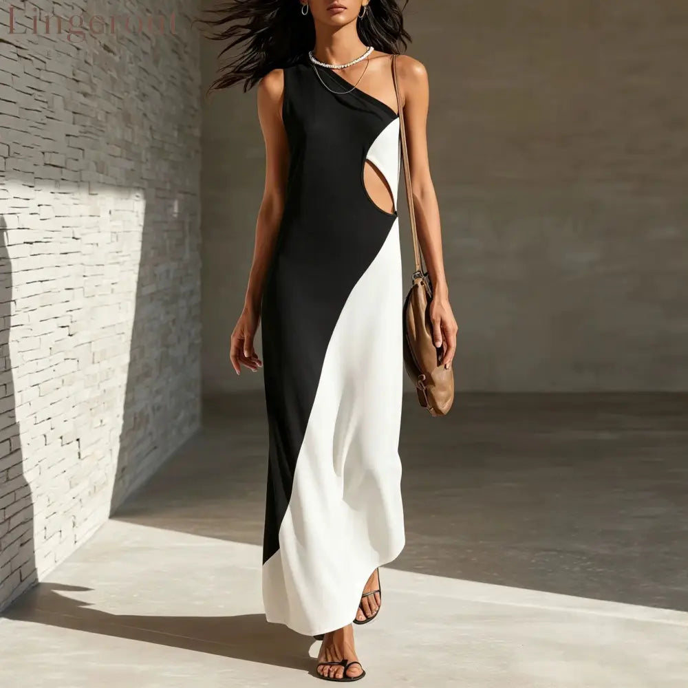 Block One Shoulder Cutout Textured Maxi Dress