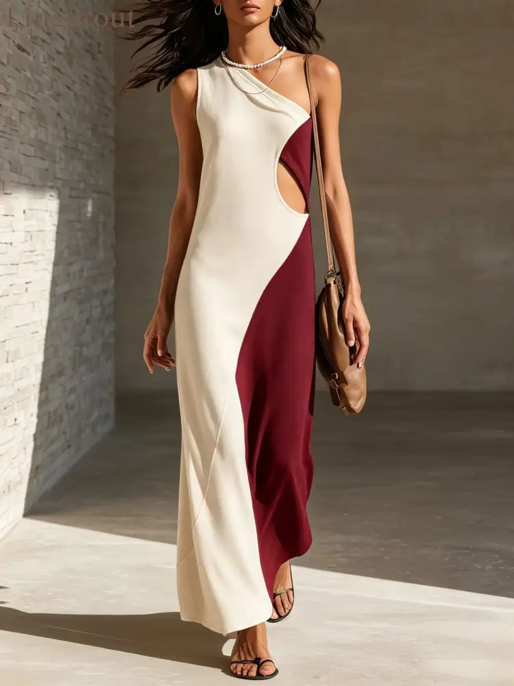 Block One Shoulder Cutout Textured Maxi Dress - Apricot red【ready stock】 / S