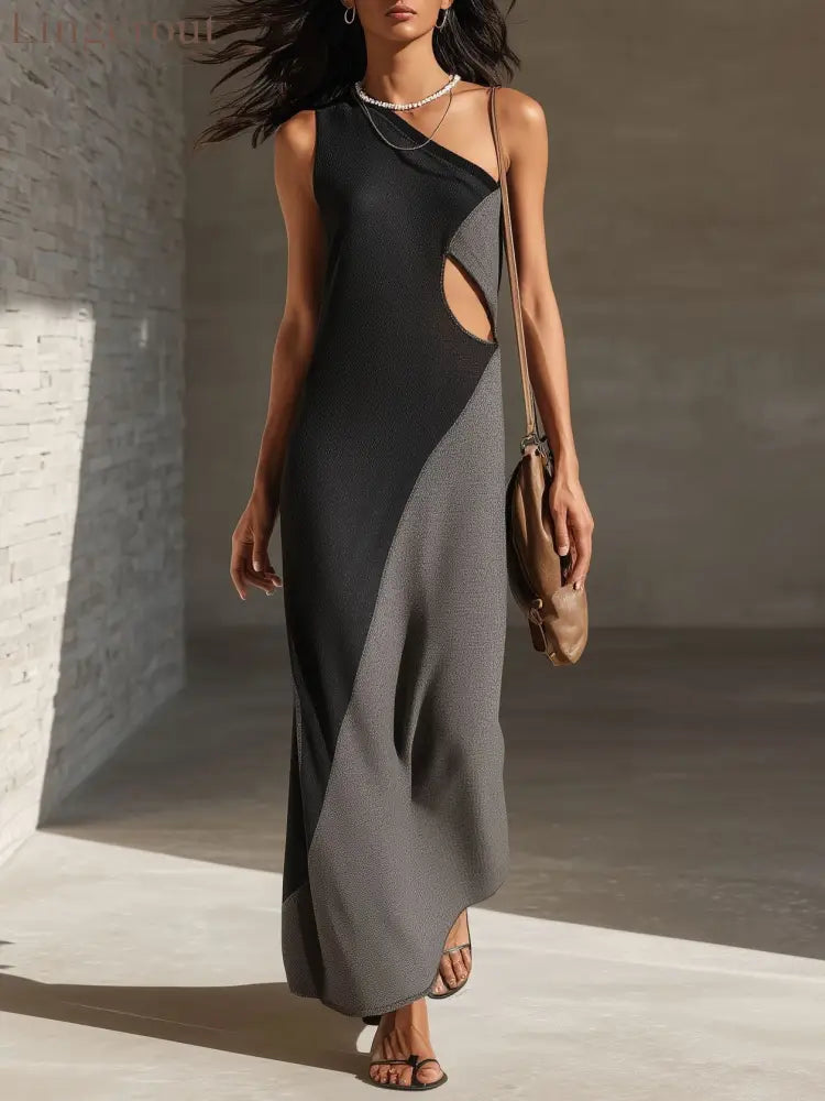 Block One Shoulder Cutout Textured Maxi Dress - Black gray [ready in stock] / S