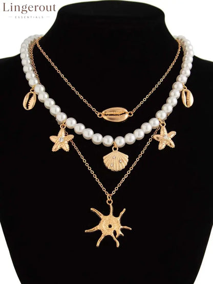 Bohemian Imitation Pearl Holiday Style Retro Starfish Shell Pendant Necklace Set