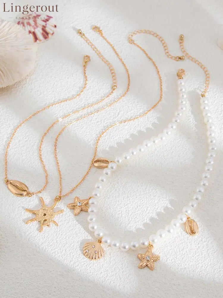 Bohemian Imitation Pearl Holiday Style Retro Starfish Shell Pendant Necklace Set