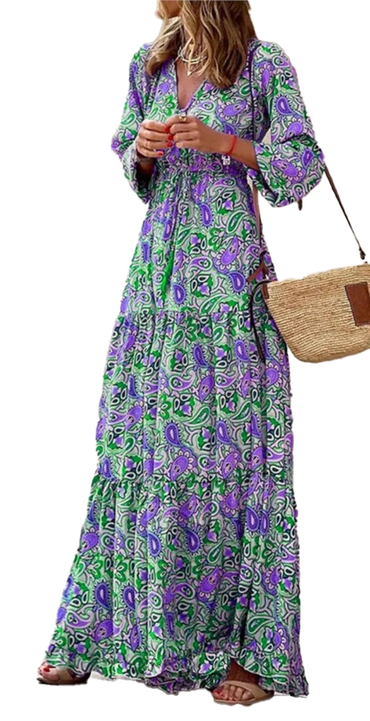 Robe bohème à col en V pour l'automne