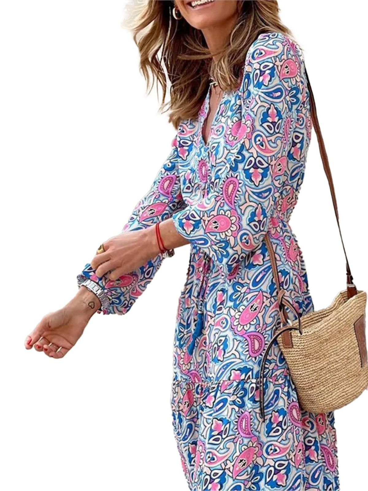 Robe bohème à col en V pour l'automne