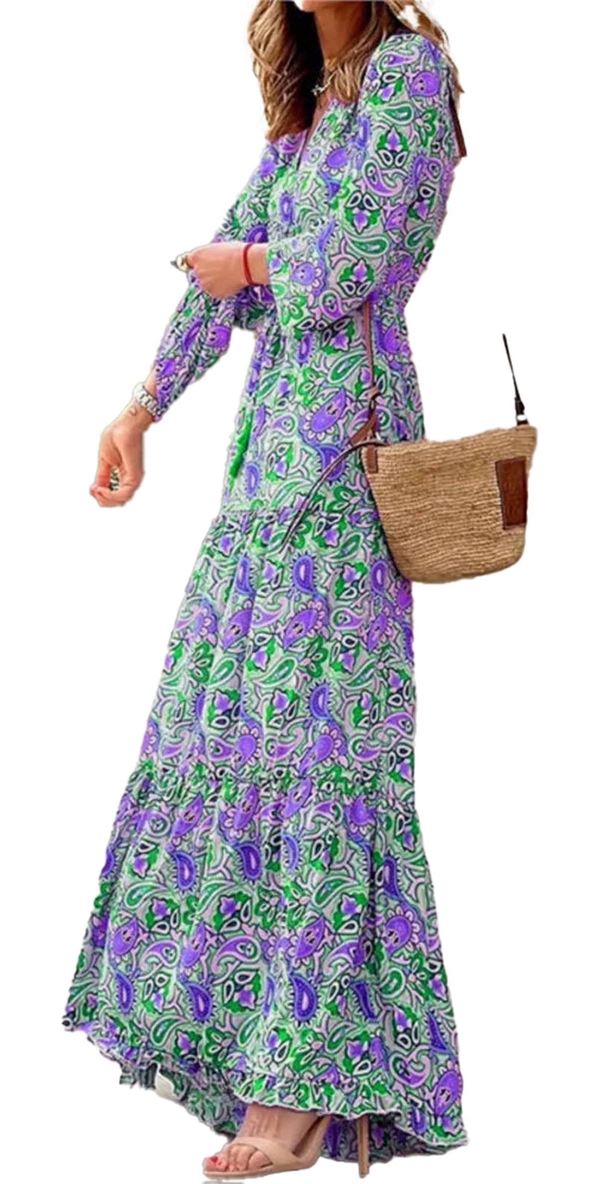 Robe bohème à col en V pour l'automne