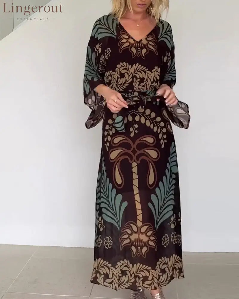 Bohemian V-Neck Loose Dress - Coffee / S