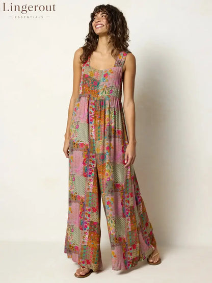 🌼 Boho Patchwork Floral Wide-Leg Jumpsuit (XL-5XL) - XL