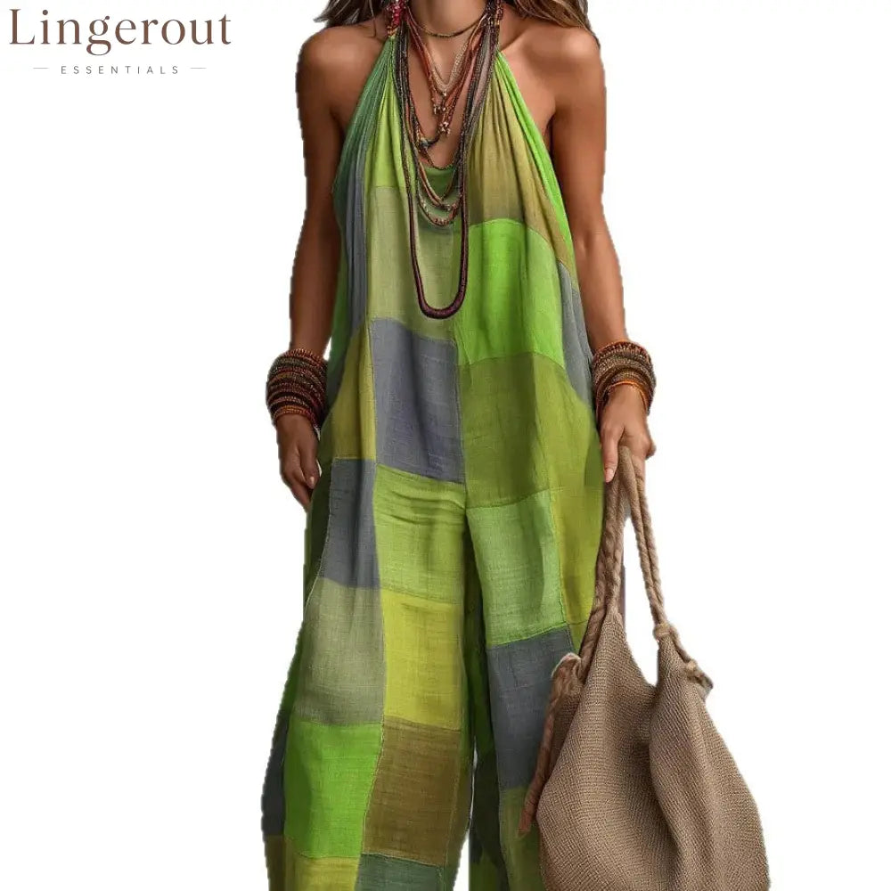 Boho Patchwork Halter Wide-Leg Jumpsuit