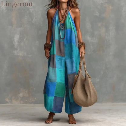 Boho Patchwork Halter Wide-Leg Jumpsuit