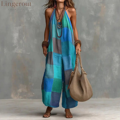 Boho Patchwork Halter Wide-Leg Jumpsuit - Blue / S