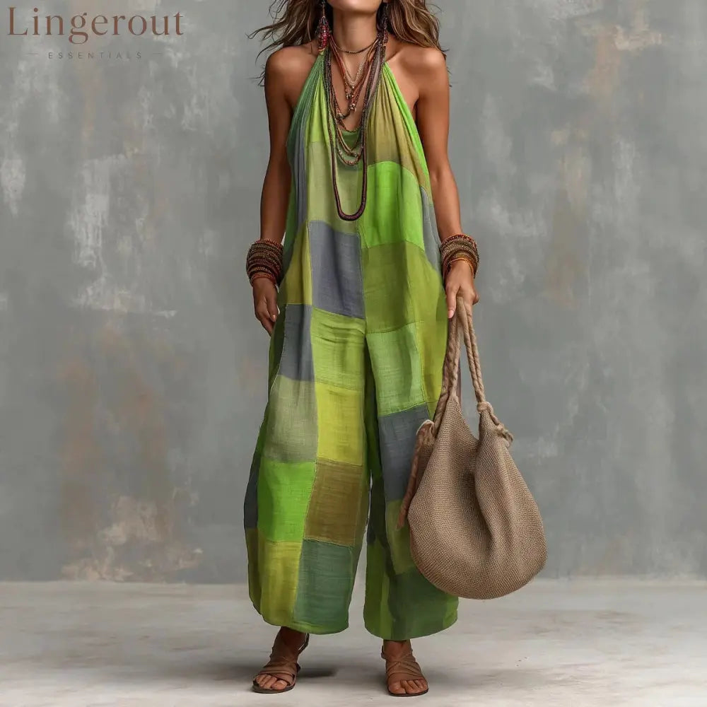 Boho Patchwork Halter Wide-Leg Jumpsuit - Green / S