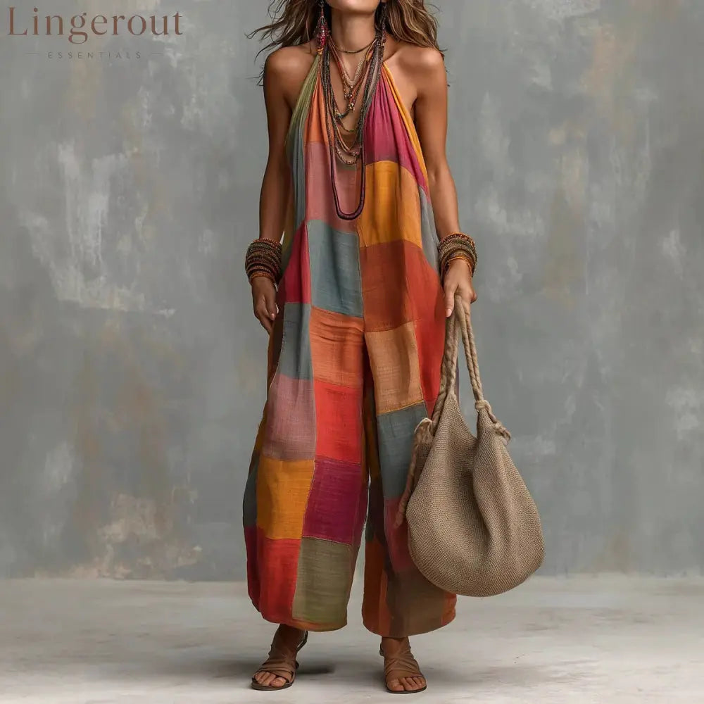 Boho Patchwork Halter Wide-Leg Jumpsuit - Red / S