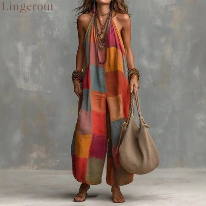 Boho Patchwork Halter Wide-Leg Jumpsuit - Red / S