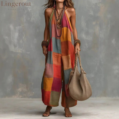 Boho Patchwork Halter Wide-Leg Jumpsuit - Red / S