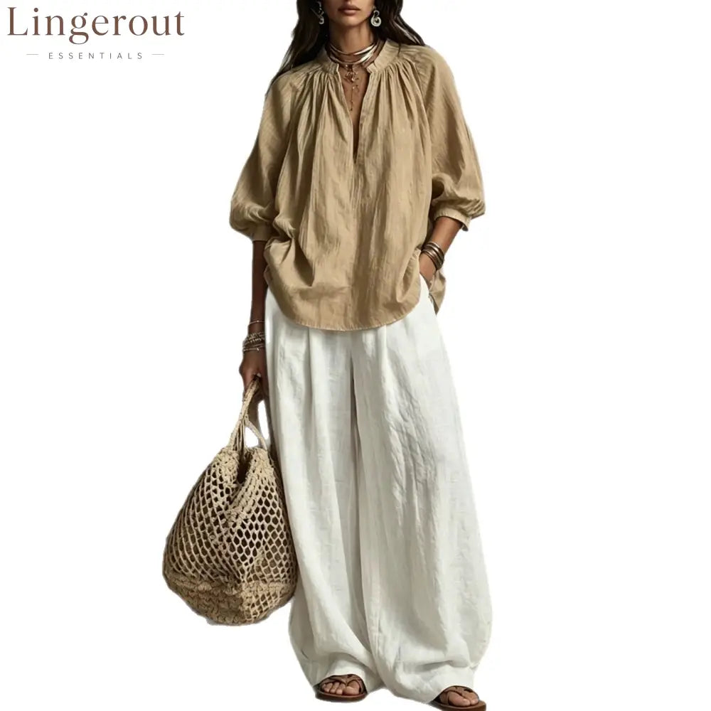 Boho Pleated Blouse & Wide‑Leg Pant Two‑Piece Set