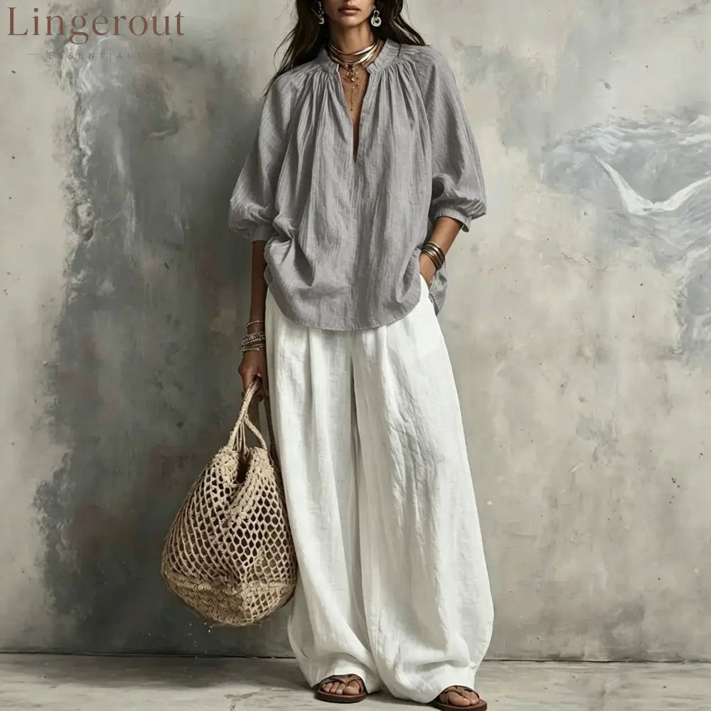 Boho Pleated Blouse & Wide‑Leg Pant Two‑Piece Set