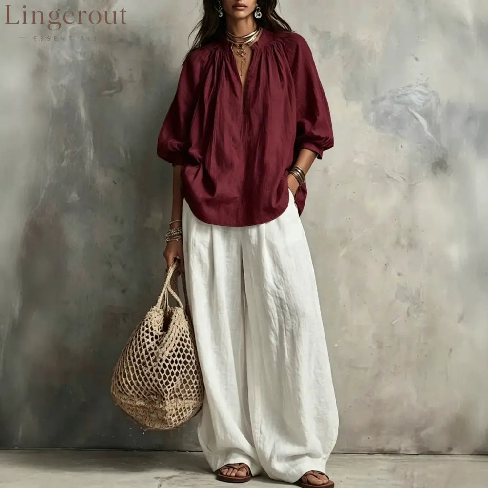 Boho Pleated Blouse & Wide‑Leg Pant Two‑Piece Set