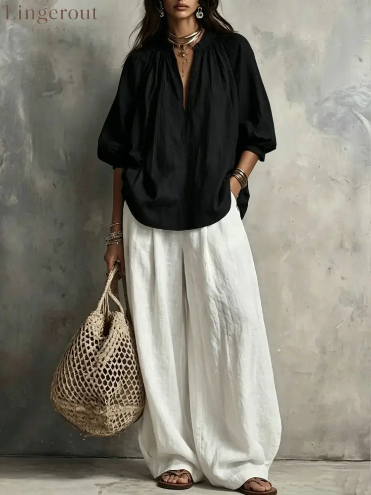 Boho Pleated Blouse & Wide‑Leg Pant Two‑Piece Set - Black / S