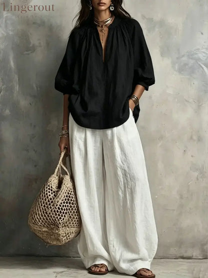 Boho Pleated Blouse & Wide‑Leg Pant Two‑Piece Set - Black / S
