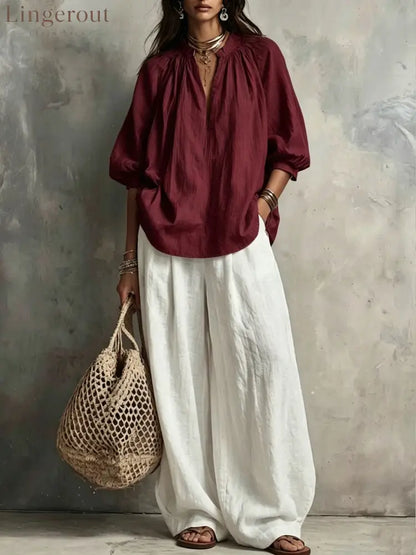 Boho Pleated Blouse & Wide‑Leg Pant Two‑Piece Set - Claret / S