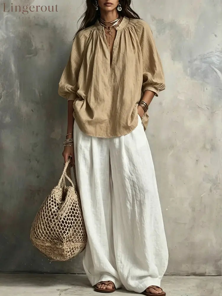 Boho Pleated Blouse & Wide‑Leg Pant Two‑Piece Set - Khaki / S