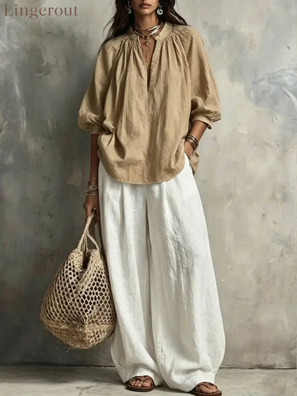 Boho Pleated Blouse & Wide‑Leg Pant Two‑Piece Set - Khaki / S